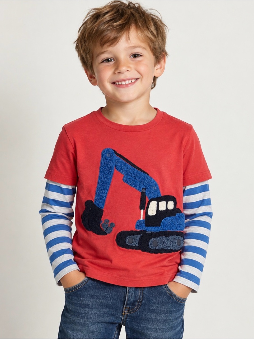 Mini Boden Boys Excavator Digger Appliqué Layered Long Sleeve Shirt 4-5Y